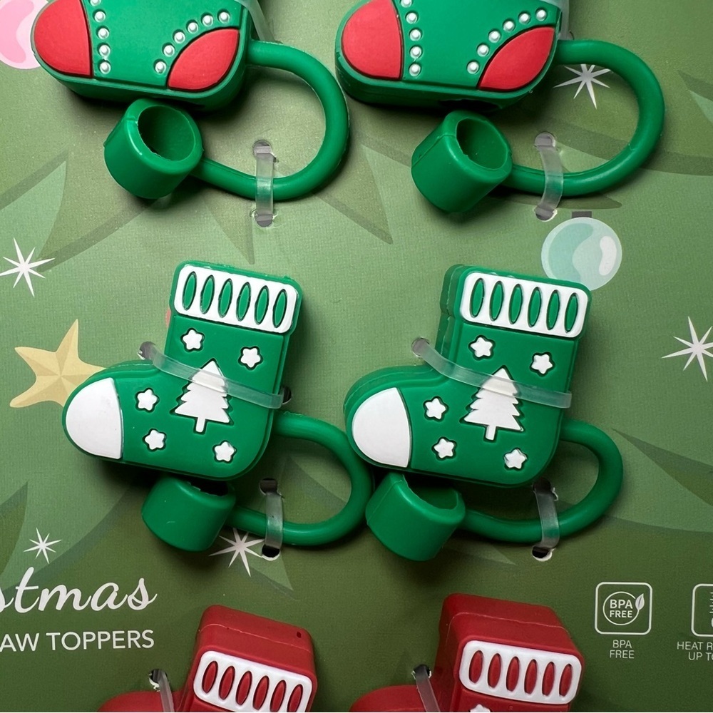 CWC Christmas Holiday Decorated Stocking Silicone Straw Toppers - Set Of 6 - Picture 5 of 6